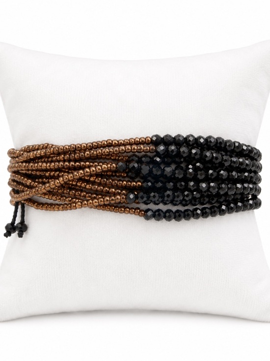 Jewelry - Black Faceted Bead & Bronze Multi-Strand Statement Adjustable Bracelet